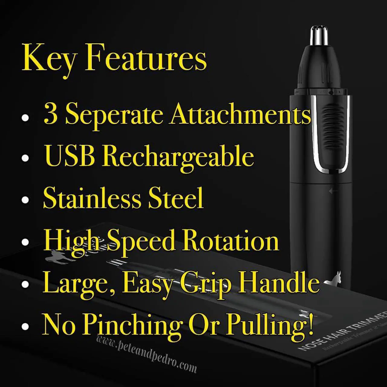 Main image of Pete & Pedro Nose & Ear Hair Trimmer  Clipper Has 3 Attachments for Nose/Ear, Eyebrows Trimming, & Facial Hair Detailing | Men & Women, Stainless Steel, Wet/Dry, USB | As Seen on Shark Tank