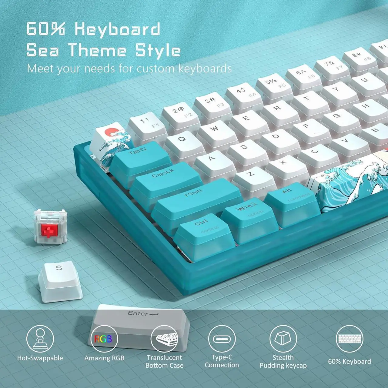 Alt view image 2 of 7 - Womier 60% Percent Keyboard, WK61 Mechanical RGB Wired Gaming Keyboard, Hot-Swappable Keyboard with Blue Sea PBT Keycaps for Windows PC Gamers - Linear Red Switch