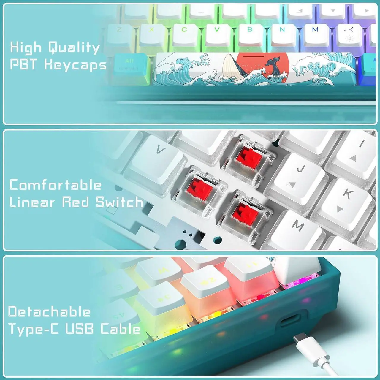Alt view image 3 of 7 - Womier 60% Percent Keyboard, WK61 Mechanical RGB Wired Gaming Keyboard, Hot-Swappable Keyboard with Blue Sea PBT Keycaps for Windows PC Gamers - Linear Red Switch