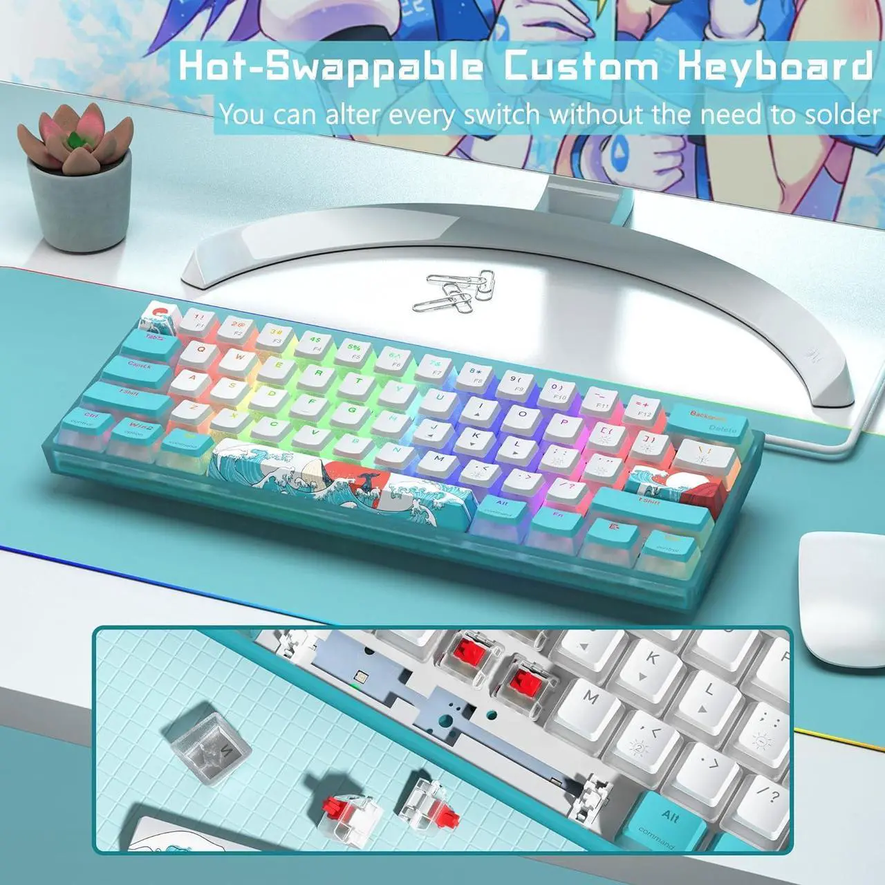 Alt view image 4 of 7 - Womier 60% Percent Keyboard, WK61 Mechanical RGB Wired Gaming Keyboard, Hot-Swappable Keyboard with Blue Sea PBT Keycaps for Windows PC Gamers - Linear Red Switch