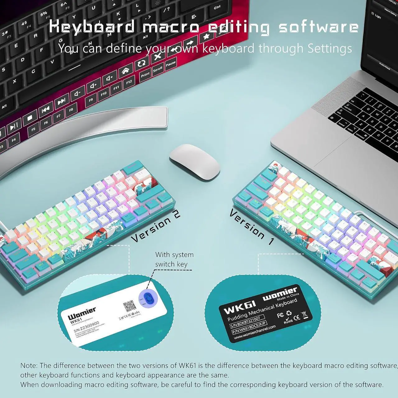 Alt view image 6 of 7 - Womier 60% Percent Keyboard, WK61 Mechanical RGB Wired Gaming Keyboard, Hot-Swappable Keyboard with Blue Sea PBT Keycaps for Windows PC Gamers - Linear Red Switch