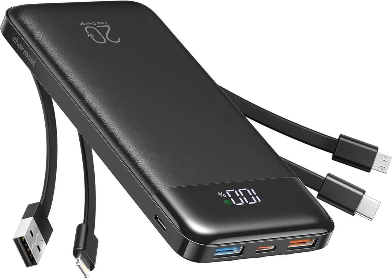 Main image of Charmast Power Bank 20000mAh, 20W Fast Charging Portable Charger with Built-in Cables, USB C Battery Pack, Slim Portable Phone Charger Backup Battery for iPhone, Samsung, iPad, More Phones, Tablets