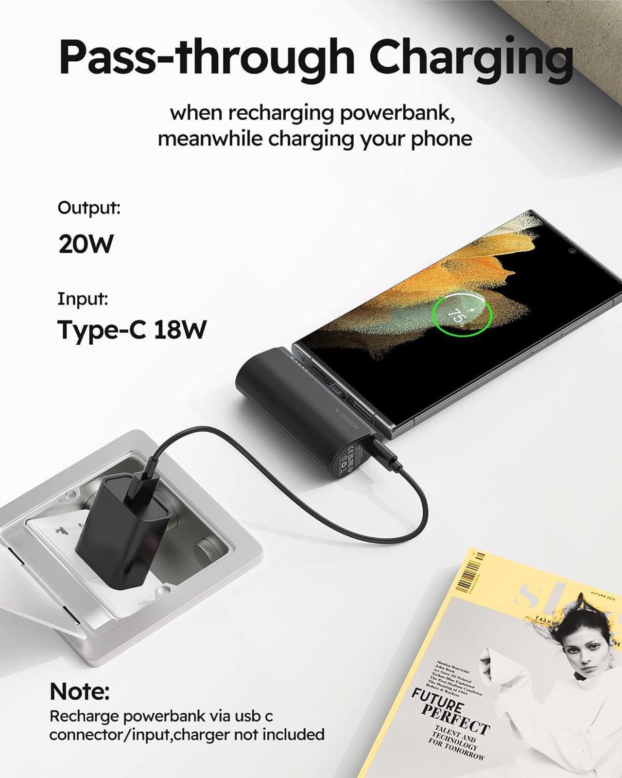 Alt view image 5 of 7 - VEGER Portable Charger, USB C Power Bank, 5000mAh Mini Battery Pack Fast Charging 20W Small Charging Bank for Samsung Galaxy S21, S20, S10, S9, Note 20, Pixel, Moto, LG, Oculus Quest, Android Phones