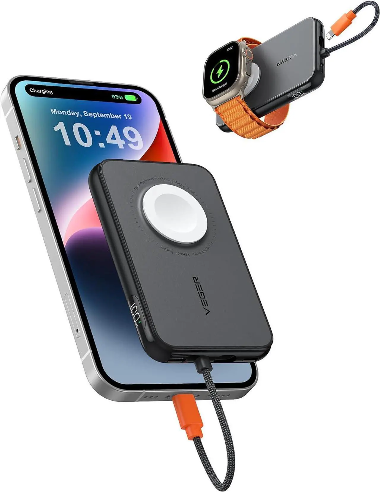 Main image of VEGER Portable Charger for iPhone with Built in Cable, 5000mAh Mini Power Bank Battery Pack, PD 20W Fast Charger Travel Essential Compatible with iPhone14/13/12/Pro Max, Andorid, Apple Watch-Black