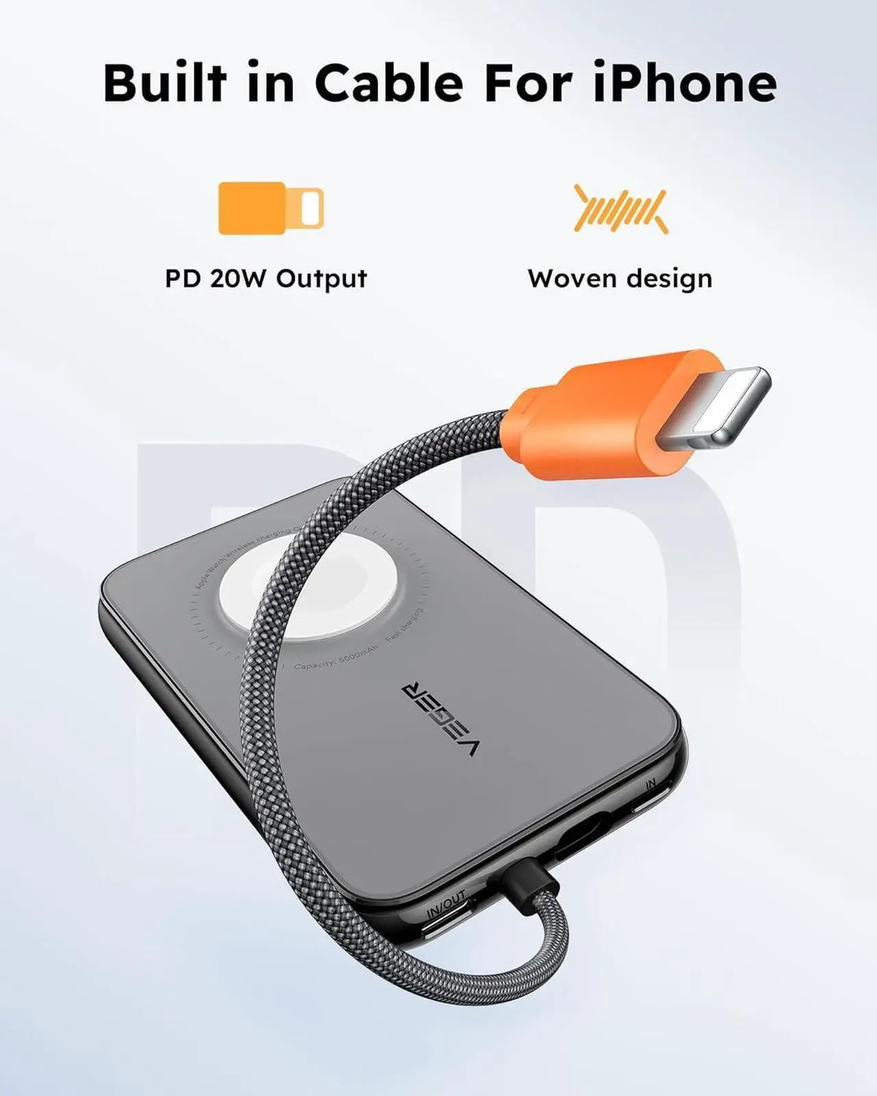 Alt view image 2 of 7 - VEGER Portable Charger for iPhone with Built in Cable, 5000mAh Mini Power Bank Battery Pack, PD 20W Fast Charger Travel Essential Compatible with iPhone14/13/12/Pro Max, Andorid, Apple Watch-Black
