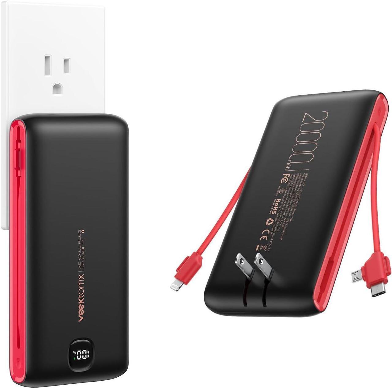 VEEKTOMX Portable Charger with Built in Cables 22.5W 20000mAh, Power Bank for iPhone with AC Wall Plug, Fast Charging USB C Slim Battery Pack with LED Display Compatible with iPhone, Samsung, etc