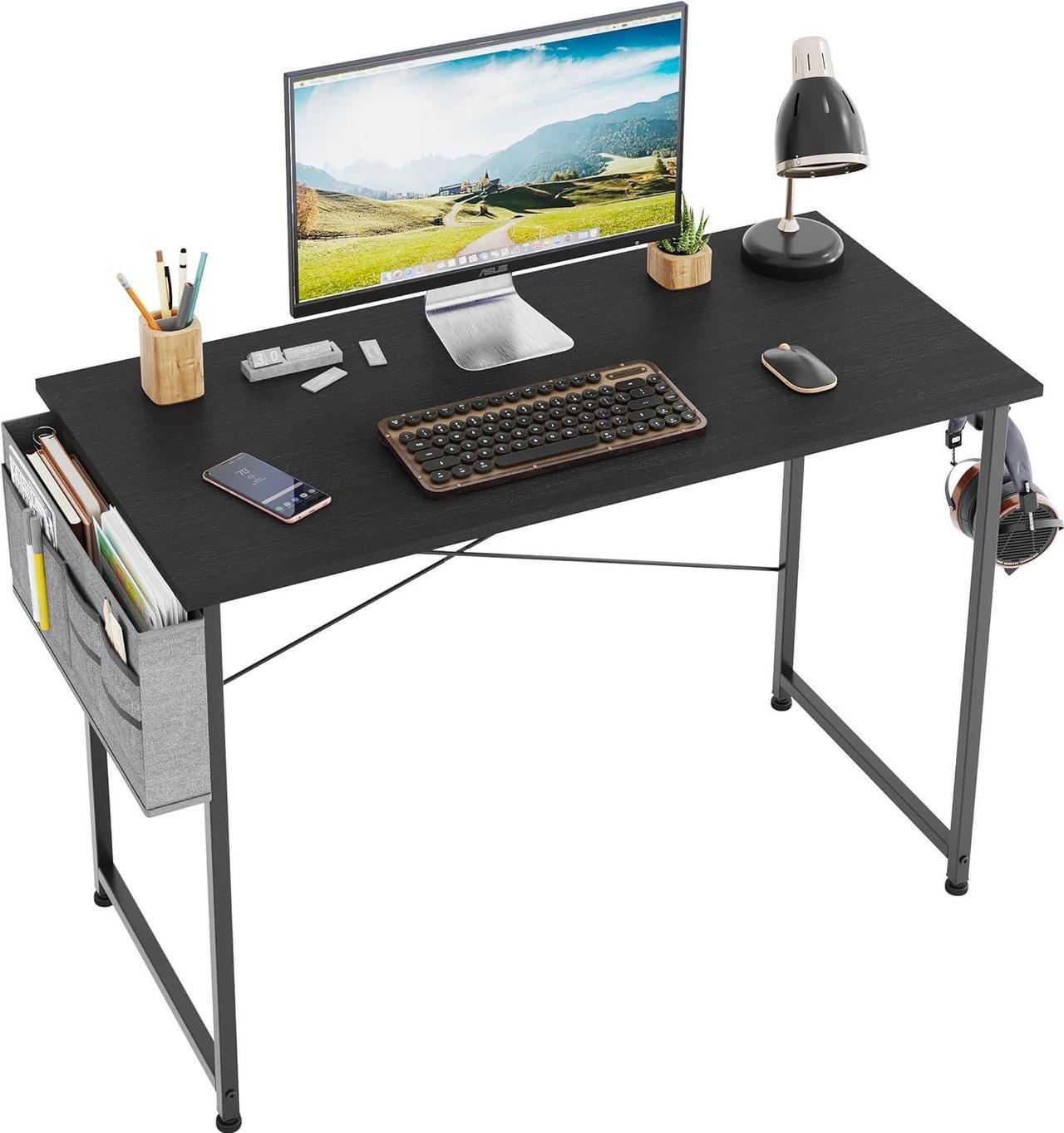 COTUBLR 39 Inch Computer Desk, Home Office Desk, Simple Modern Small Desk for Bedroom, Writing Desk with Storage Bag, Study Table for Students, Black