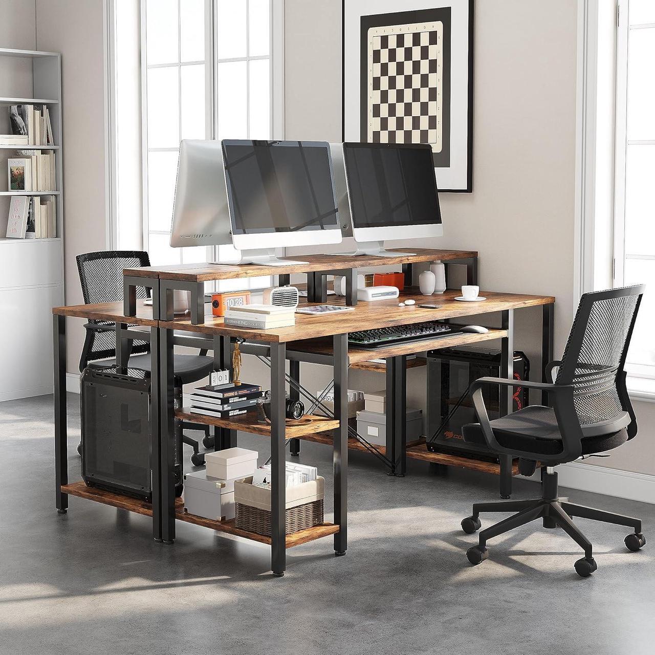 Alt view image 7 of 7 - VERMESS 48Inch Computer Desk, Home Office Desks with Keyboard Tray, Gaming Desk with CPU Stand Shelf,Industrial Study Table Wide Writing Desk with Storage Shelves for 2 Monitors, Rustic Brown