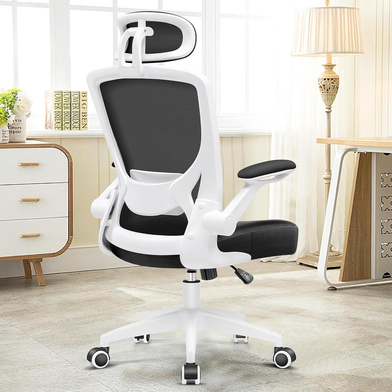 Ergonomic Office Chair, KERDOM Breathable Mesh Desk Chair, Lumbar Support Computer Chair with Wheels and Flip-up Arms, Headrest Swivel Task Chair, Adjustable Height Home Gaming Chair (9060H, White)