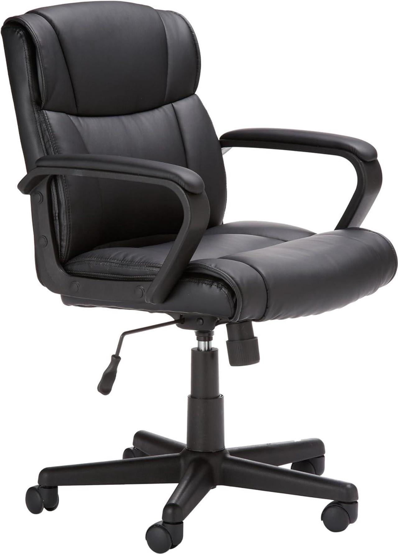 Amazon Basics Classic Leather-Padded Mid-Back Office Desk Chair with Armrest - Black