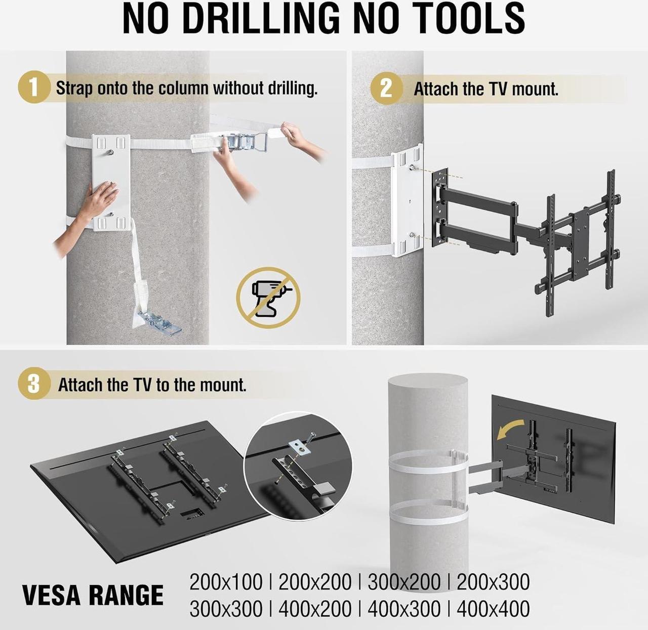 Alt view image 5 of 7 - CondoMounts CLMTVA1044 Full Motion Large Pillar TV Mount | Column | Round & Square TV Post Mount | NO Drill | Holds 80lbs | Fits 32-in. to 70-in. TVs | Fits Pillars 8-in & Wider | White Strap