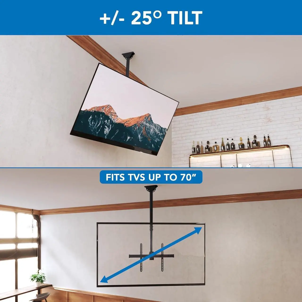 Alt view image 5 of 7 - TV Ceiling Mount Bracket, Adjustable Height Full Motion 360 Deg Rotation Tilting Swiveling for Flat Panel LCD LED OLED Plasma TVs, Fits up to 75 Inch TVs, 110 Pound Capacity, Black (MI-509B)