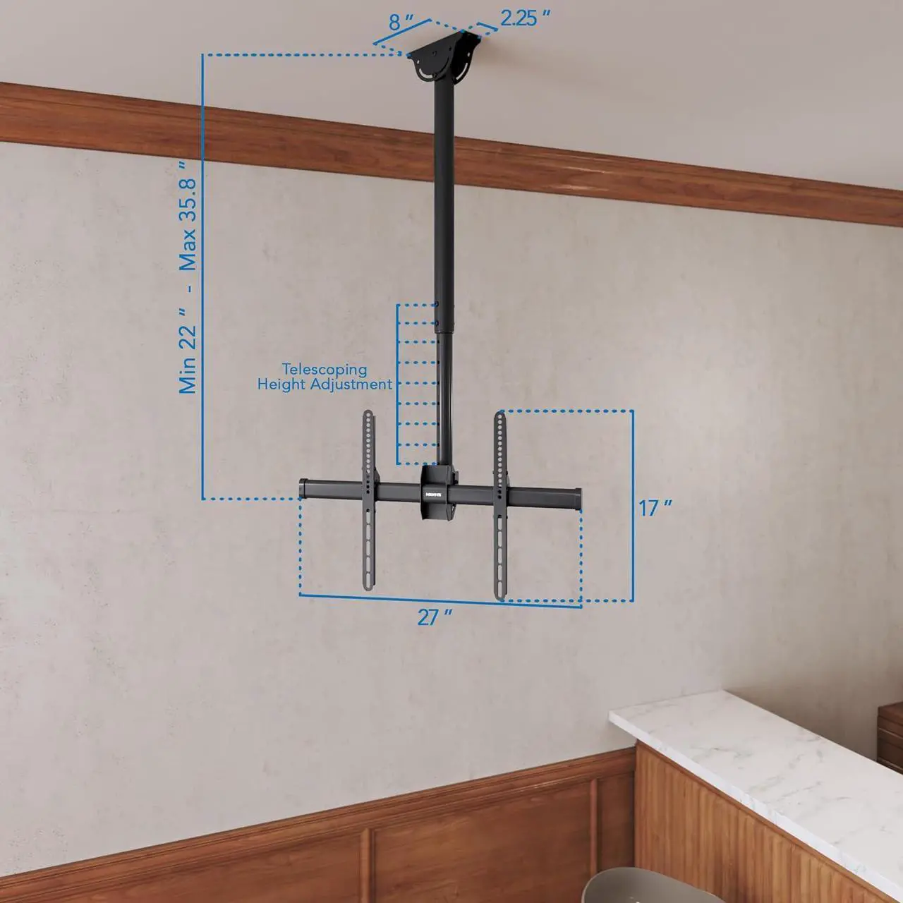 Alt view image 6 of 7 - TV Ceiling Mount Bracket, Adjustable Height Full Motion 360 Deg Rotation Tilting Swiveling for Flat Panel LCD LED OLED Plasma TVs, Fits up to 75 Inch TVs, 110 Pound Capacity, Black (MI-509B)