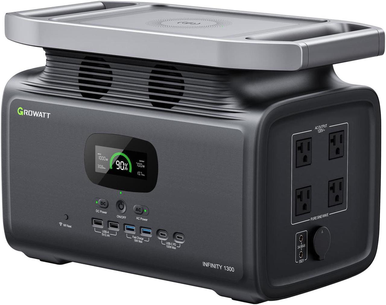 Main image of GROWATT INFINITY 1300 Portable Power Station, 1382Wh Capacity LiFePO4 Solar Generator, 1800W AC Output for Outdoor Camping, RV, Home Backup, Emergency, off-Grid