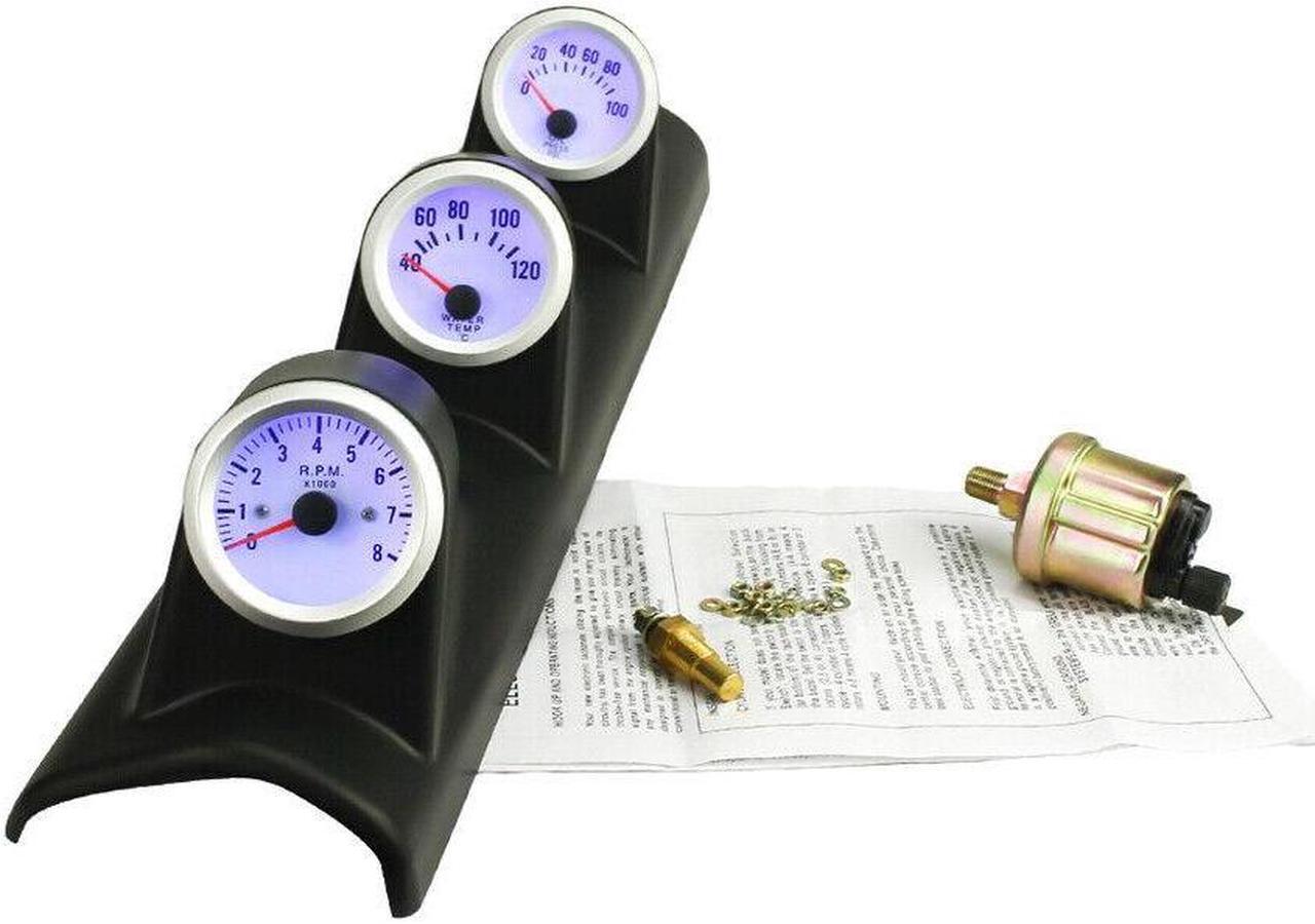 Main image of 2'' 52mm Blue LED Triple 3 Gauge Kit Tachometer Water Temp Oil Press Gauge Meter