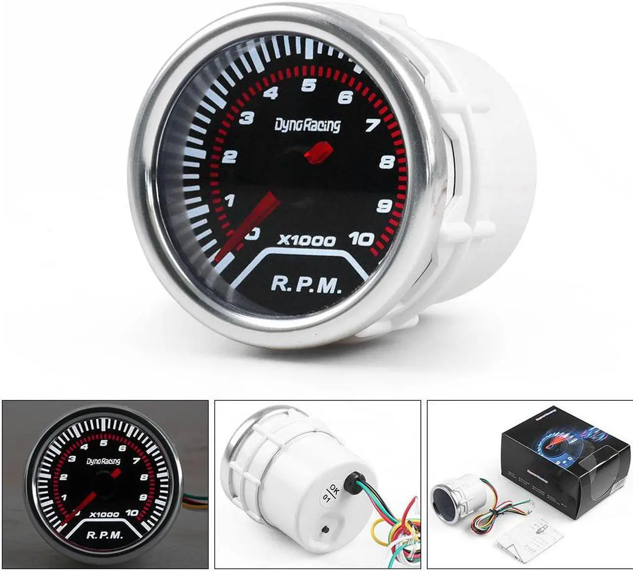 Main image of 2" 52mm Racing Universal Tachometer Gauge Car Tacho Meter White LED 0-10000 RPM Smoke Lens Tint 1-8 Cylinder 12V