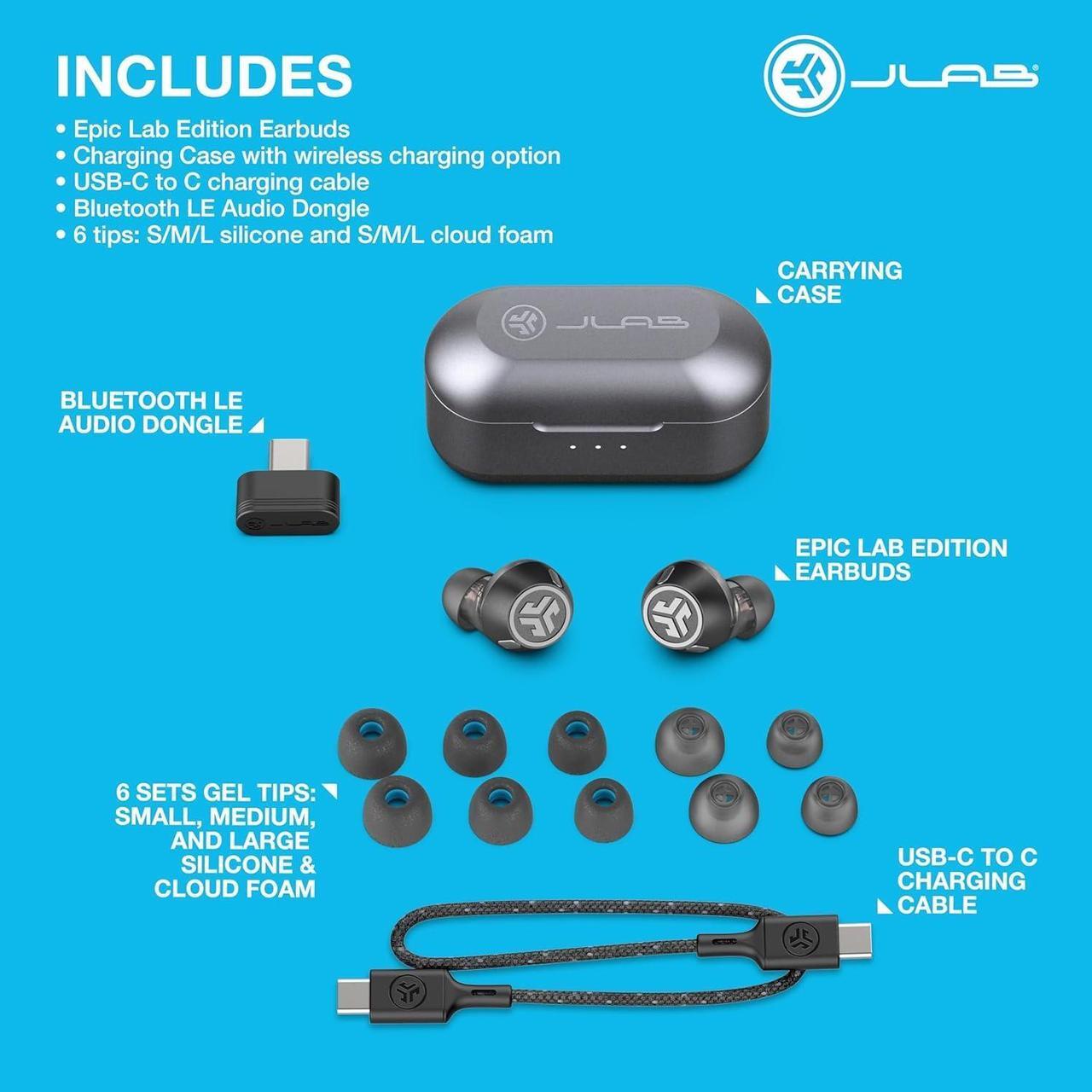 Alt view image 7 of 7 - JLab Epic Lab Edition True Wireless Earbuds, Hybrid Dual Drivers, Spatial Audio, Multipoint BT, Wireless or USB-C Charging, Wear Detect Auto Play/Pause, Google Fast Pair, 2 Year Warranty