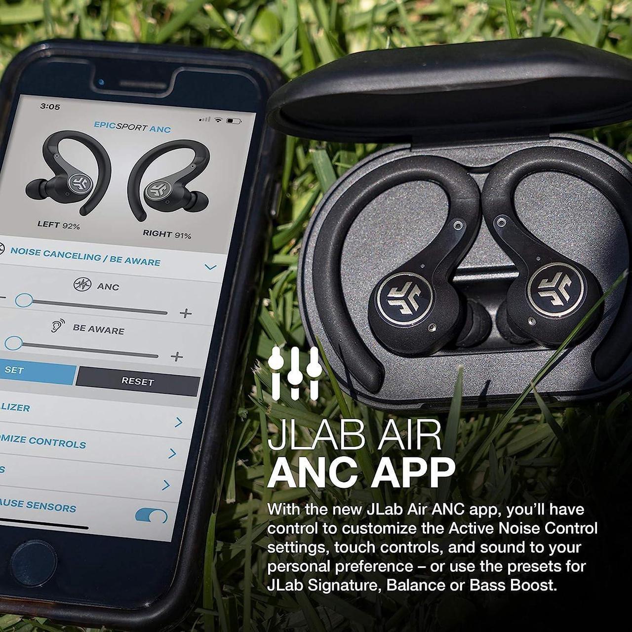 Alt view image 3 of 7 - JLab Epic Air Sport ANC Gen 2 True Wireless Bluetooth Earbuds, Headphones for Working Out, IP66 Sweatproof, 15-Hour Battery Life + 55-Hour Charging Case, Music Controls, 3 EQ Sound Settings, Black