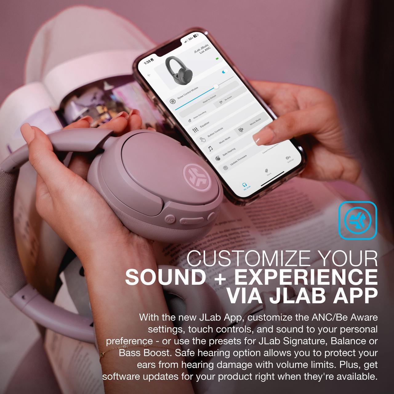 Alt view image 5 of 7 - JLab JBuds Lux ANC Wireless Headphones, Smart Active Noise Cancelling, Customizable Sound, Spatial Audio & Bluetooth LE Audio Compatible, Premium Over-Ear Bluetooth Headset, Foldable, Mauve