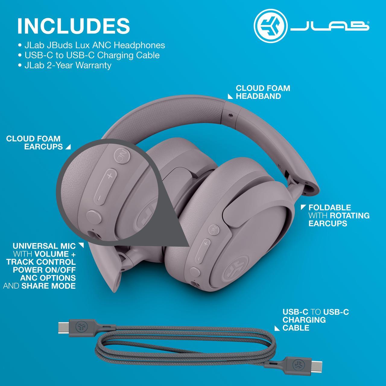 Alt view image 7 of 7 - JLab JBuds Lux ANC Wireless Headphones, Smart Active Noise Cancelling, Customizable Sound, Spatial Audio & Bluetooth LE Audio Compatible, Premium Over-Ear Bluetooth Headset, Foldable, Mauve