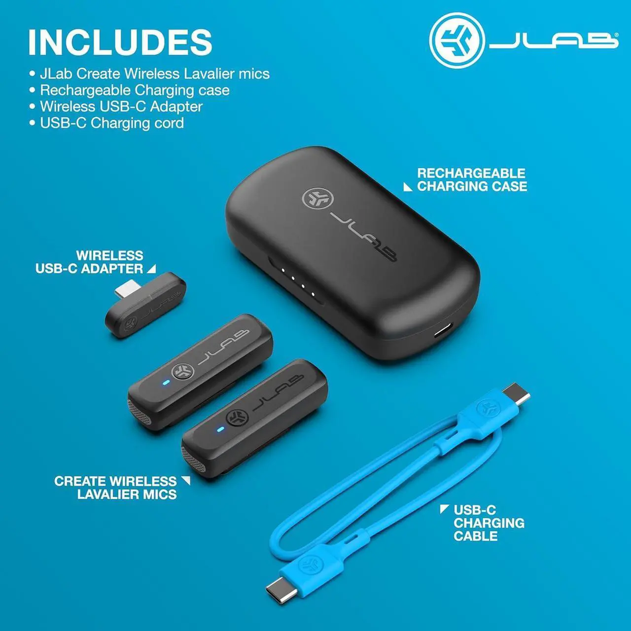 Alt view image 7 of 7 - JLab Create Wireless Lavalier Microphone System, 2 Microphones & Charging Case, Bluetooth, Plug & Play USB-C Dongle, For Content Creation, Clip-On, 13 Hour Recording Time, O