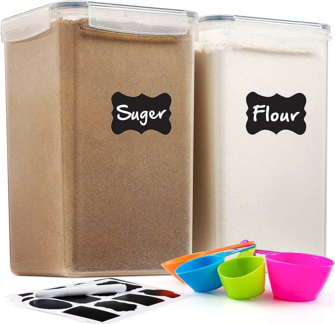 Main image of 2 Pack Extra Large Airtight Food Storage Containers - 6.5L / 220 Oz BPA Free Clear Plastic Kitchen and Pantry Organization Canisters for Flour, Sugar, Rice & Baking Supply - Labels, Marker & Spoon Set