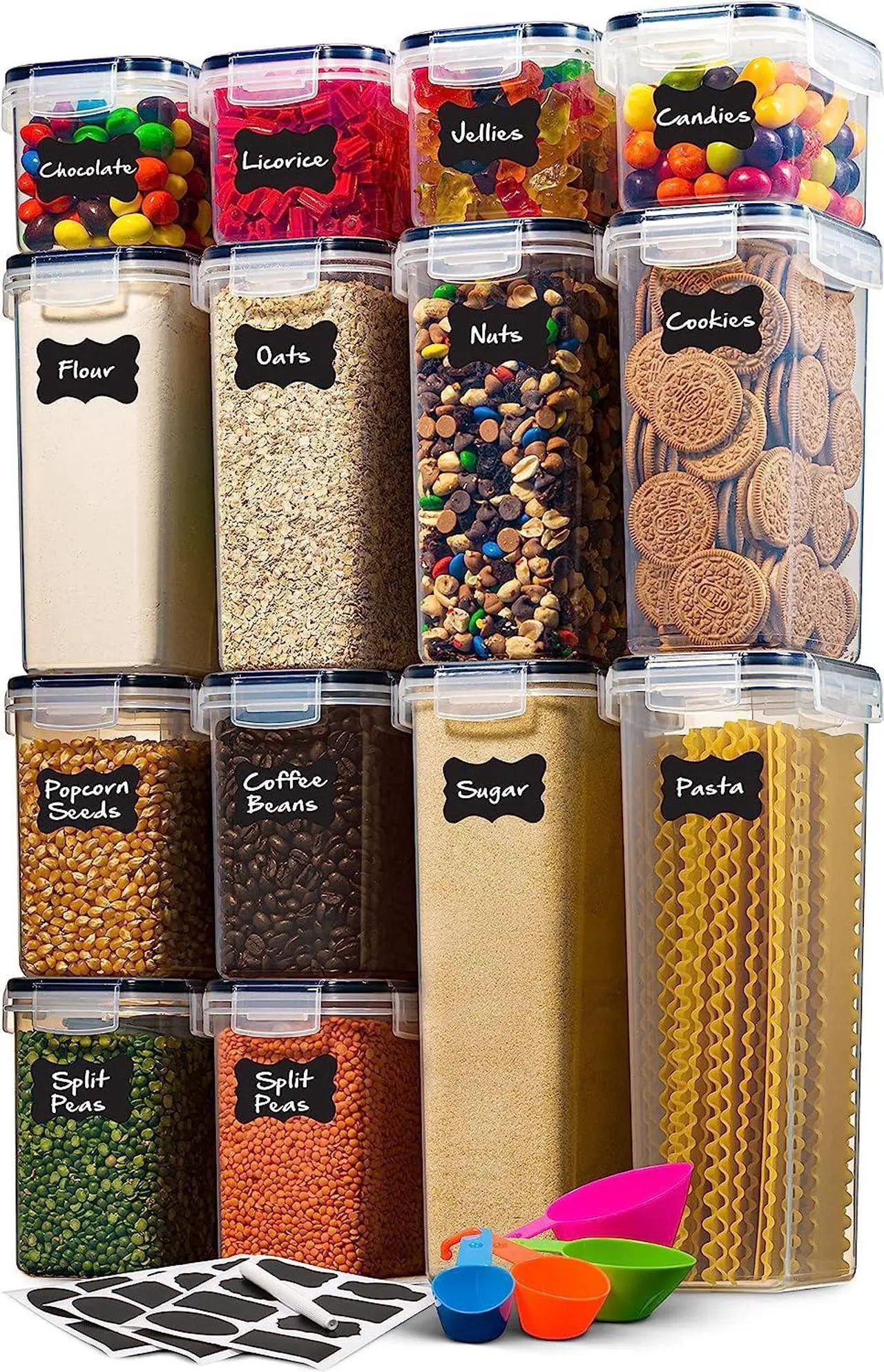 Main image of 14 Pack Airtight Food Storage Container Set - BPA Free Clear Plastic Kitchen and Pantry Organization Canisters with Durable Lids for Cereal, Dry Food Flour & Sugar - Labels, Marker & Spoon Set