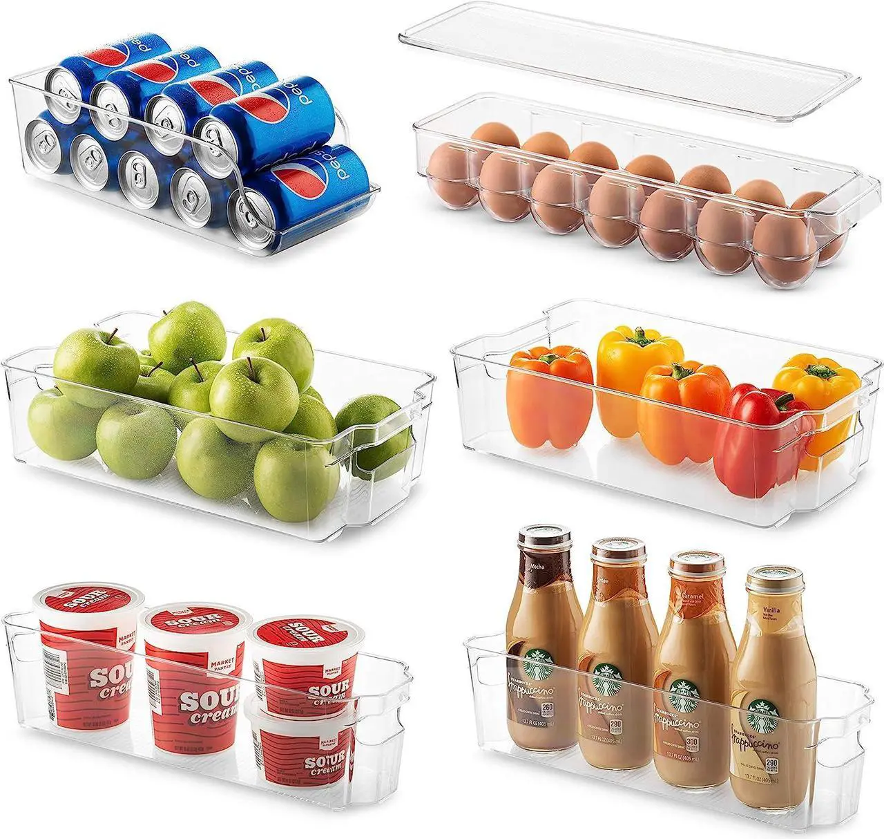 Main image of Set Of 6 Refrigerator Organizer Bins - Stackable Fridge Organizers for Freezer, Kitchen, Countertops, Cabinets - Clear Plastic Pantry Storage Racks