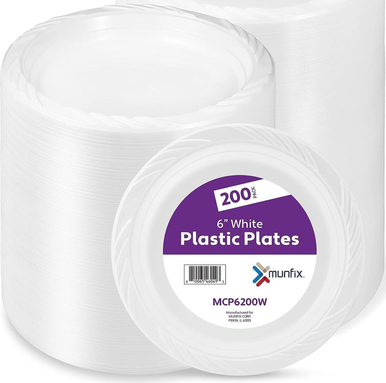 Main image of 6 Inch White Plastic Plates 200 Bulk Pack - Disposable Cake Plates for BBQ, Party, Travel and Events, Microwavable Recyclable