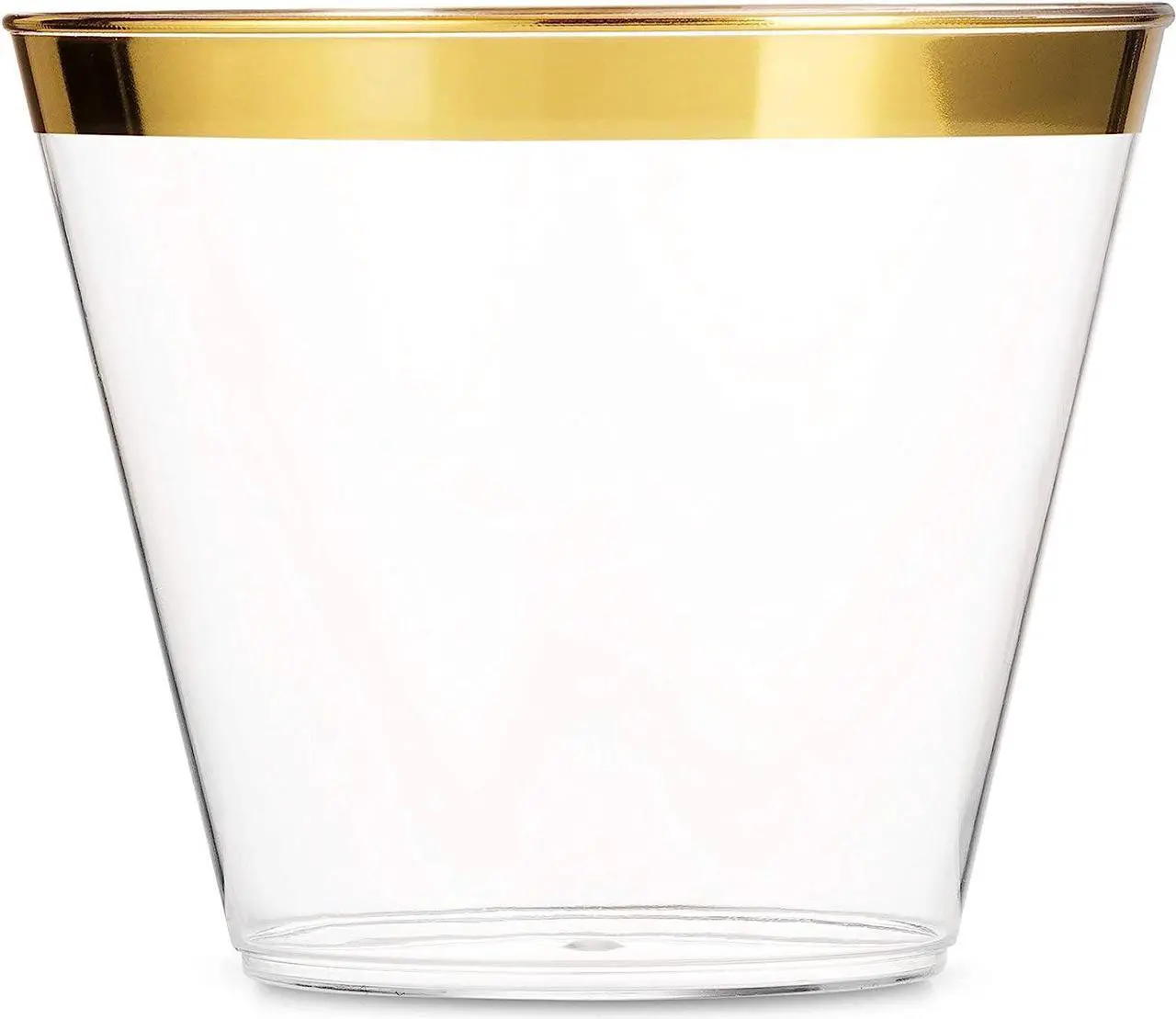 Main image of 100 Gold Plastic Cups 9 Oz Clear Plastic Cups Old Fashioned Tumblers Gold Rimmed Cups Fancy Disposable Wedding Cups Elegant Party Cups with Gold Rim
