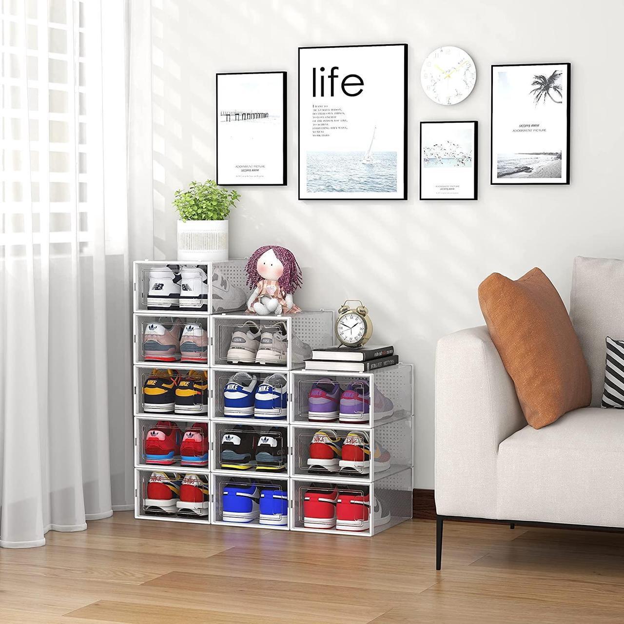 Alt view image 4 of 7 - 12 Pack Shoe Storage Boxes, Clear Plastic Stackable Shoe Organizer Bins, Drawer Type Front Opening Shoe Holder Containers