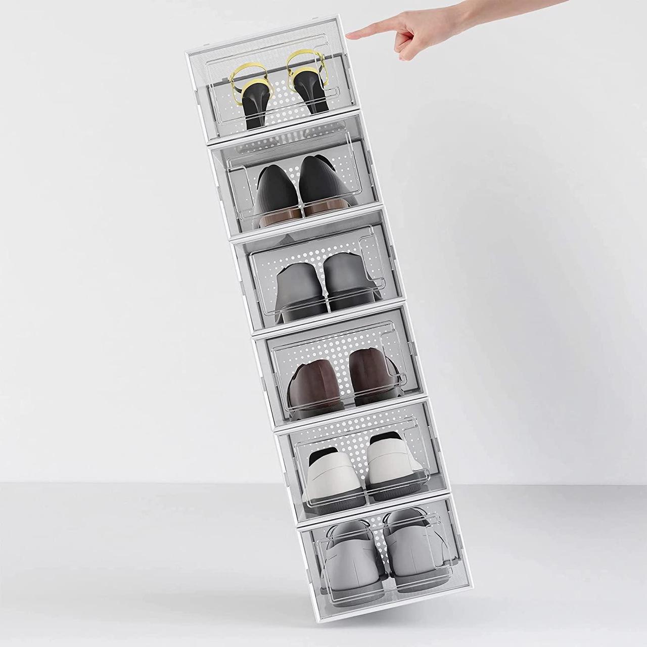 Alt view image 5 of 7 - 12 Pack Shoe Storage Boxes, Clear Plastic Stackable Shoe Organizer Bins, Drawer Type Front Opening Shoe Holder Containers