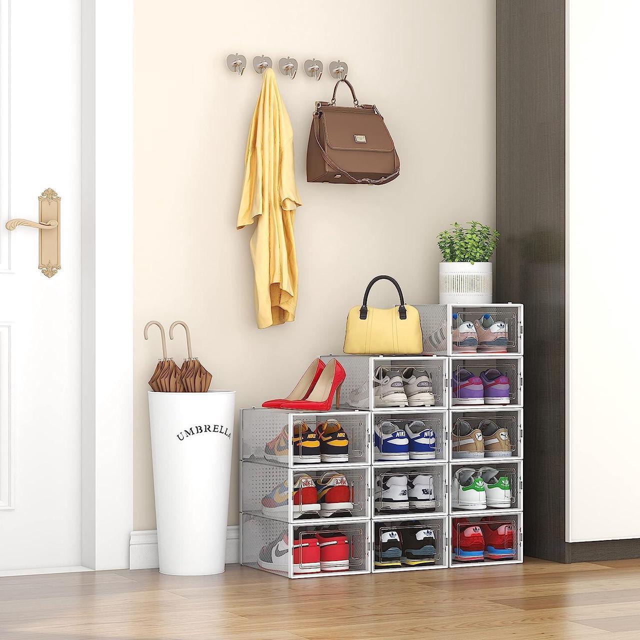 Alt view image 3 of 7 - 12 Pack Shoe Storage Boxes, Clear Plastic Stackable Shoe Organizer Bins, Drawer Type Front Opening Shoe Holder Containers