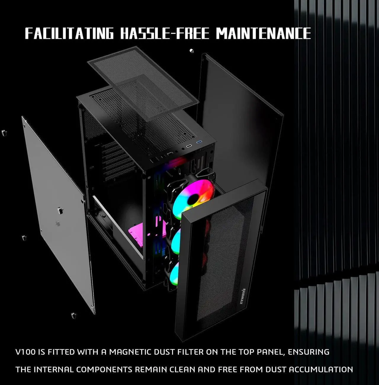 Alt view image 3 of 7 - RAIDMAX V100 Gaming Case, with 4 Pre-Installed Rainbow Fans, Includes 550W Power Supply, ATX 12V, PCI Express, SATAATX Mid Tower Case