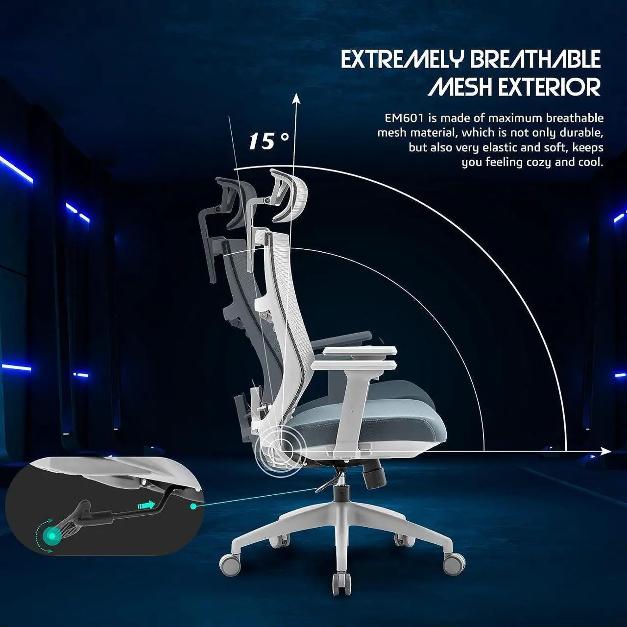 Alt view image 4 of 7 - Raidmax Ergonomic Mesh Office Chair, High Back Desk Chair - Adjustable Headrest with 3D Adjustable Armrest, Tilt Function, Lumbar Support and PU Wheels, Swivel Computer Task Chair Black