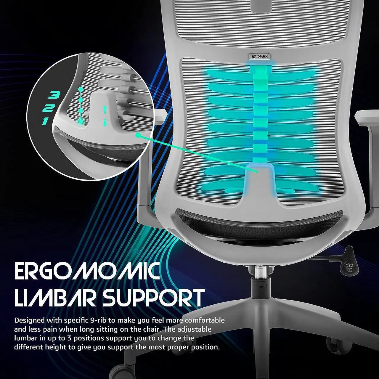 Alt view image 5 of 7 - Raidmax Ergonomic Mesh Office Chair, High Back Desk Chair - Adjustable Headrest with 3D Adjustable Armrest, Tilt Function, Lumbar Support and PU Wheels, Swivel Computer Task Chair Black