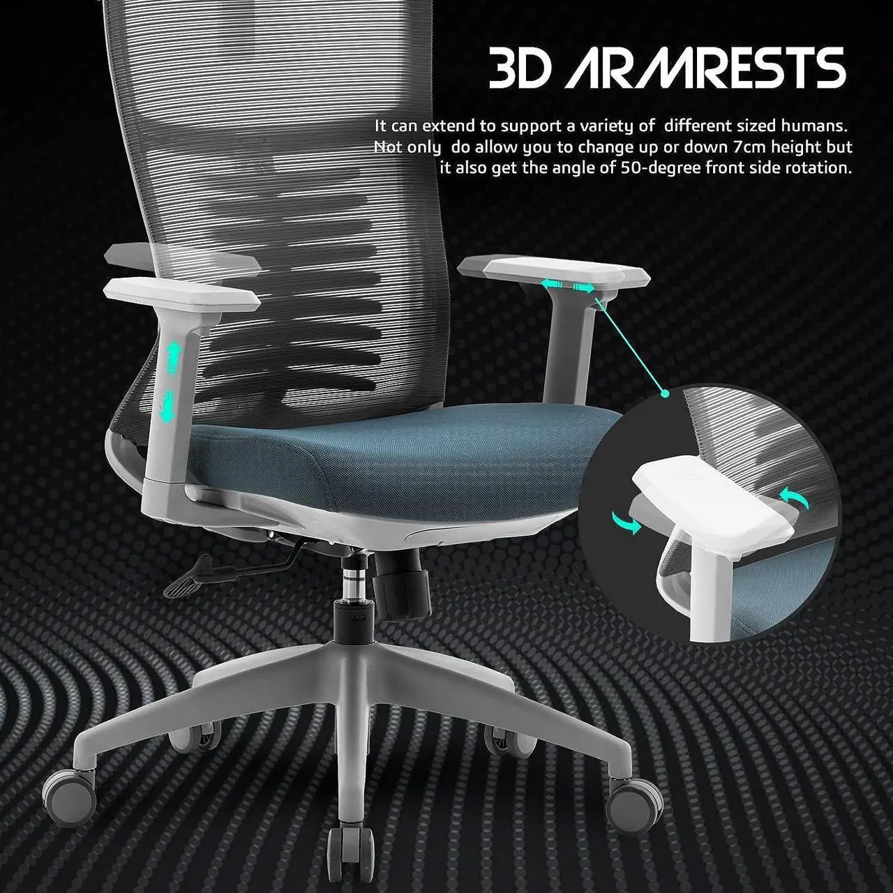 Alt view image 3 of 7 - Raidmax Ergonomic Mesh Office Chair, High Back Desk Chair - Adjustable Headrest with 3D Adjustable Armrest, Tilt Function, Lumbar Support and PU Wheels, Swivel Computer Task Chair Black