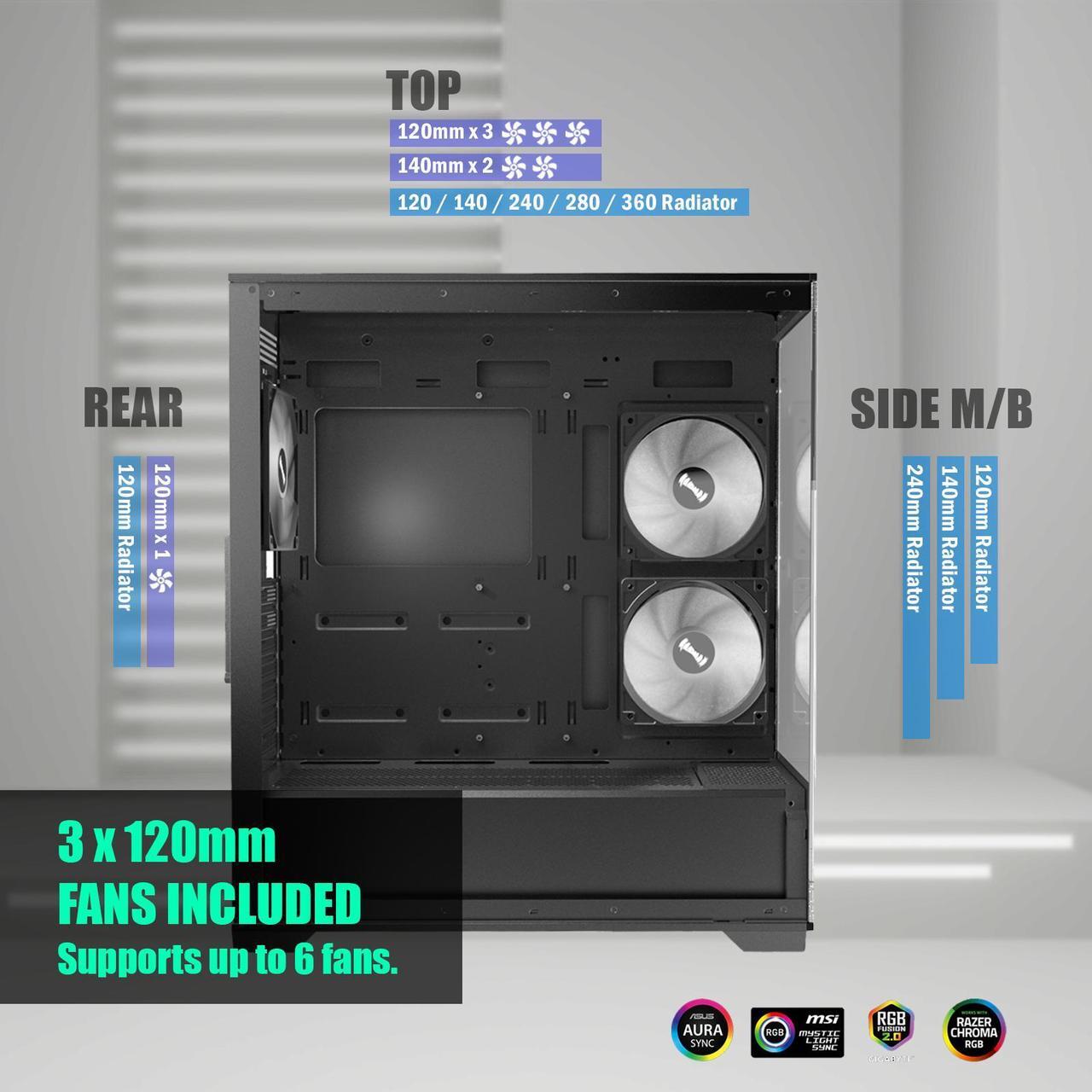 Alt view image 5 of 6 - Raidmax Infinita i801 Tempered Glass Aqua View Case - Corner Structure-Free Panoramic Design, 3 ARGB Fans included, and Support for 360mm Water Cooler and 400mm GPU (Black)
