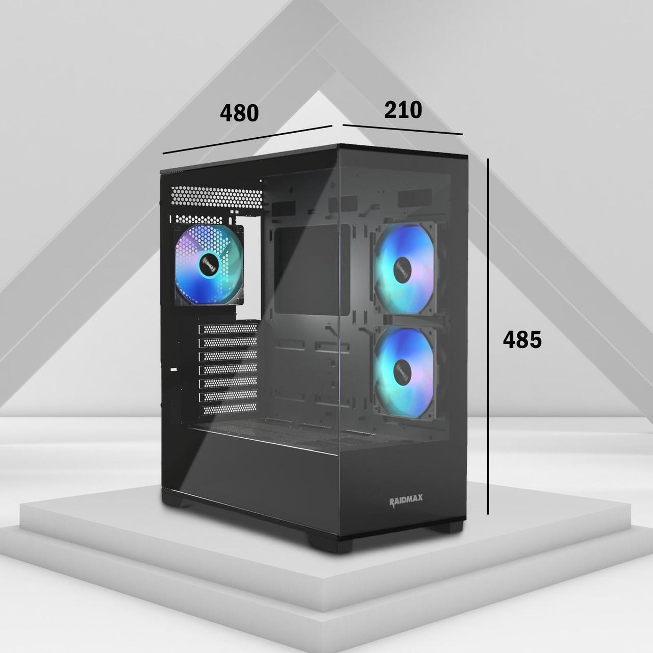 Alt view image 4 of 6 - Raidmax Infinita i801 Tempered Glass Aqua View Case - Corner Structure-Free Panoramic Design, 3 ARGB Fans included, and Support for 360mm Water Cooler and 400mm GPU (Black)