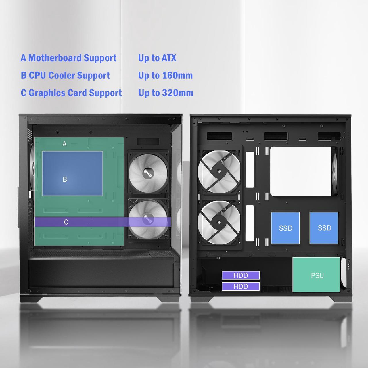 Alt view image 7 of 6 - Raidmax Infinita i801 Tempered Glass Aqua View Case - Corner Structure-Free Panoramic Design, 3 ARGB Fans included, and Support for 360mm Water Cooler and 400mm GPU (Black)