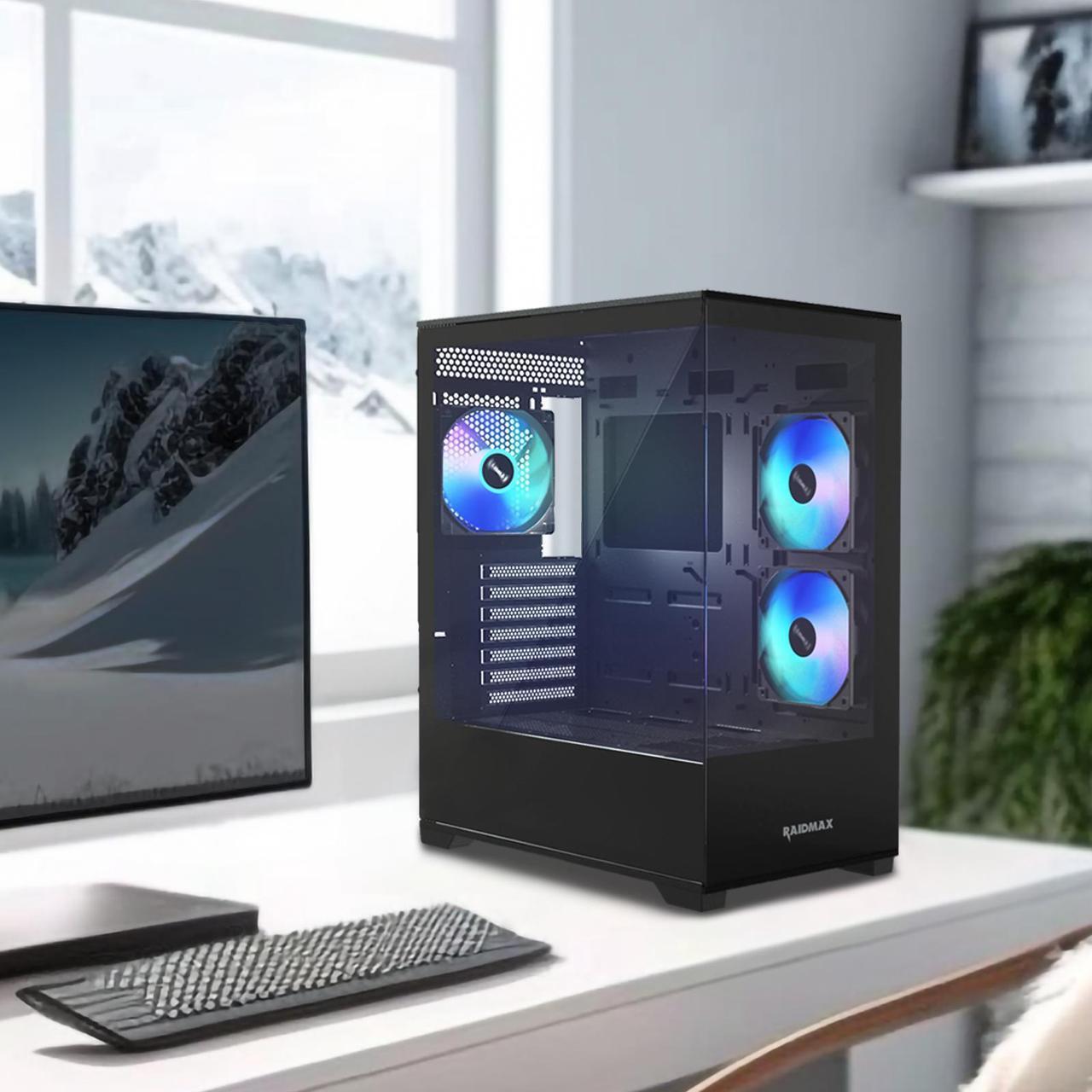Alt view image 6 of 6 - Raidmax Infinita i801 Tempered Glass Aqua View Case - Corner Structure-Free Panoramic Design, 3 ARGB Fans included, and Support for 360mm Water Cooler and 400mm GPU (Black)