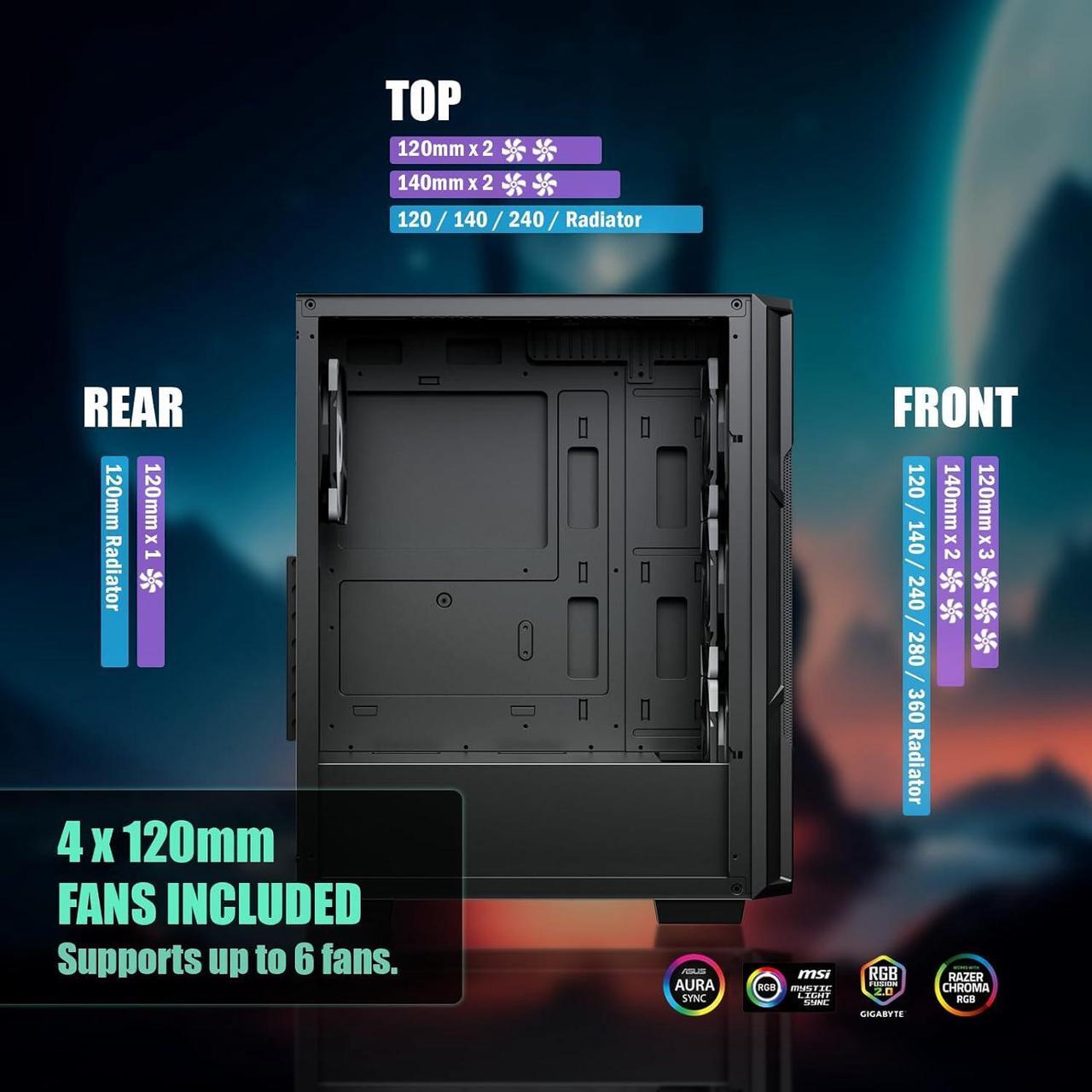 Alt view image 6 of 6 - Raidmax Vector V211 Gaming Chassis - Pre-Installed 4X Static RGB Color Fans, Supports 240mm Water Cooler and 310mm GPUs, Full Size Tempered Glass (Black)