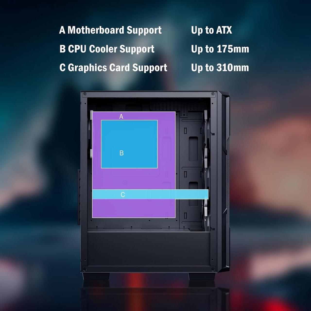 Alt view image 7 of 6 - Raidmax Vector V211 Gaming Chassis - Pre-Installed 4X Static RGB Color Fans, Supports 240mm Water Cooler and 310mm GPUs, Full Size Tempered Glass (Black)