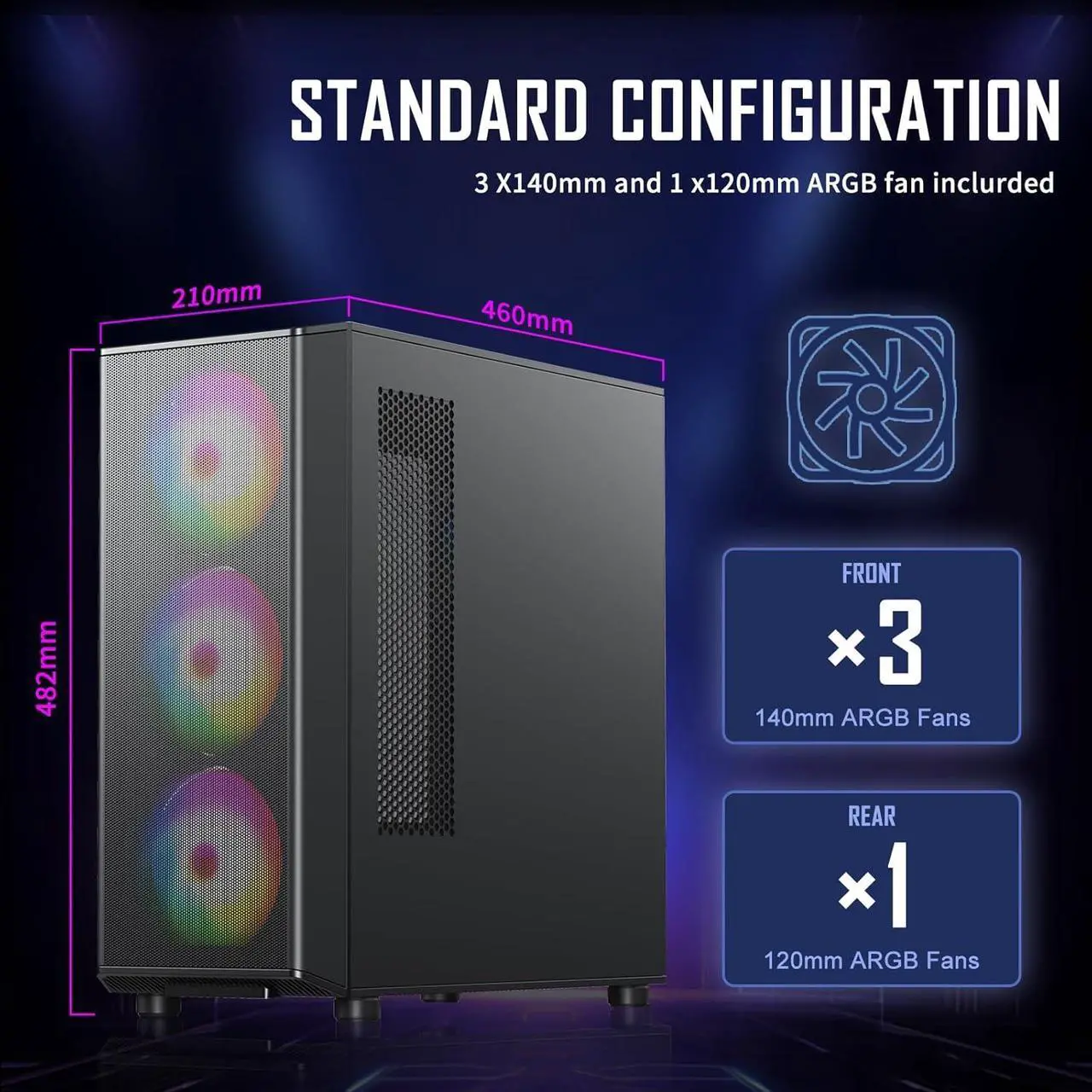 Alt view image 4 of 7 - Raidmax Meshian X Seies Mesh Front Intake High Airflow Design, Pre-Installed 4X 140mm ARGB and 1x 120mm ARGB Fans, Tempered Glass, Support 4090 GPU and 360mm Water Cooler (X606, Black)