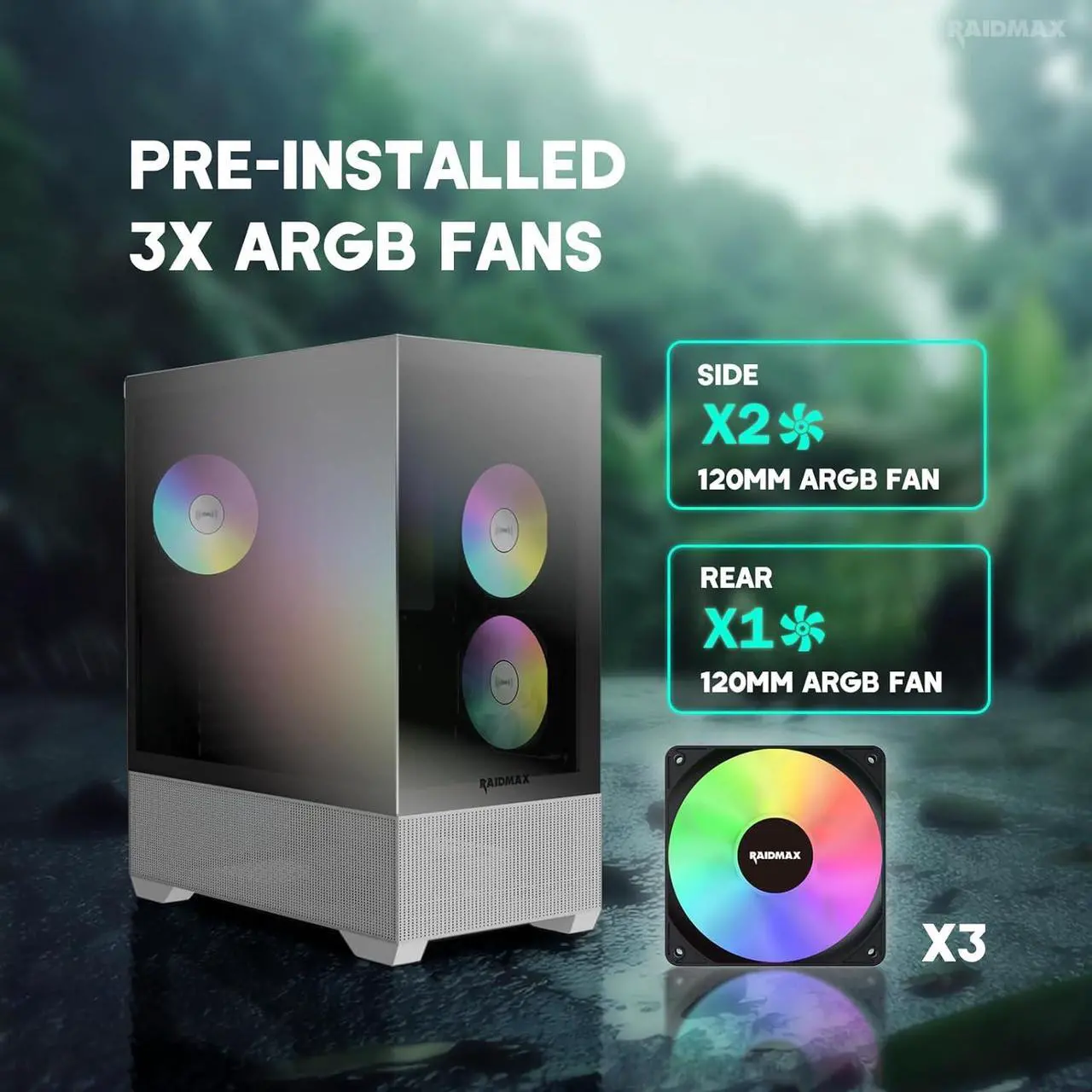 Alt view image 5 of 6 - Raidmax Infinita i801 Tempered Glass Aqua View Case - Corner Structure-Free Panoramic Design, 3 ARGB Fans Included, and Support for 360mm Water Cooler and 400mm GPU (Chrome Black)