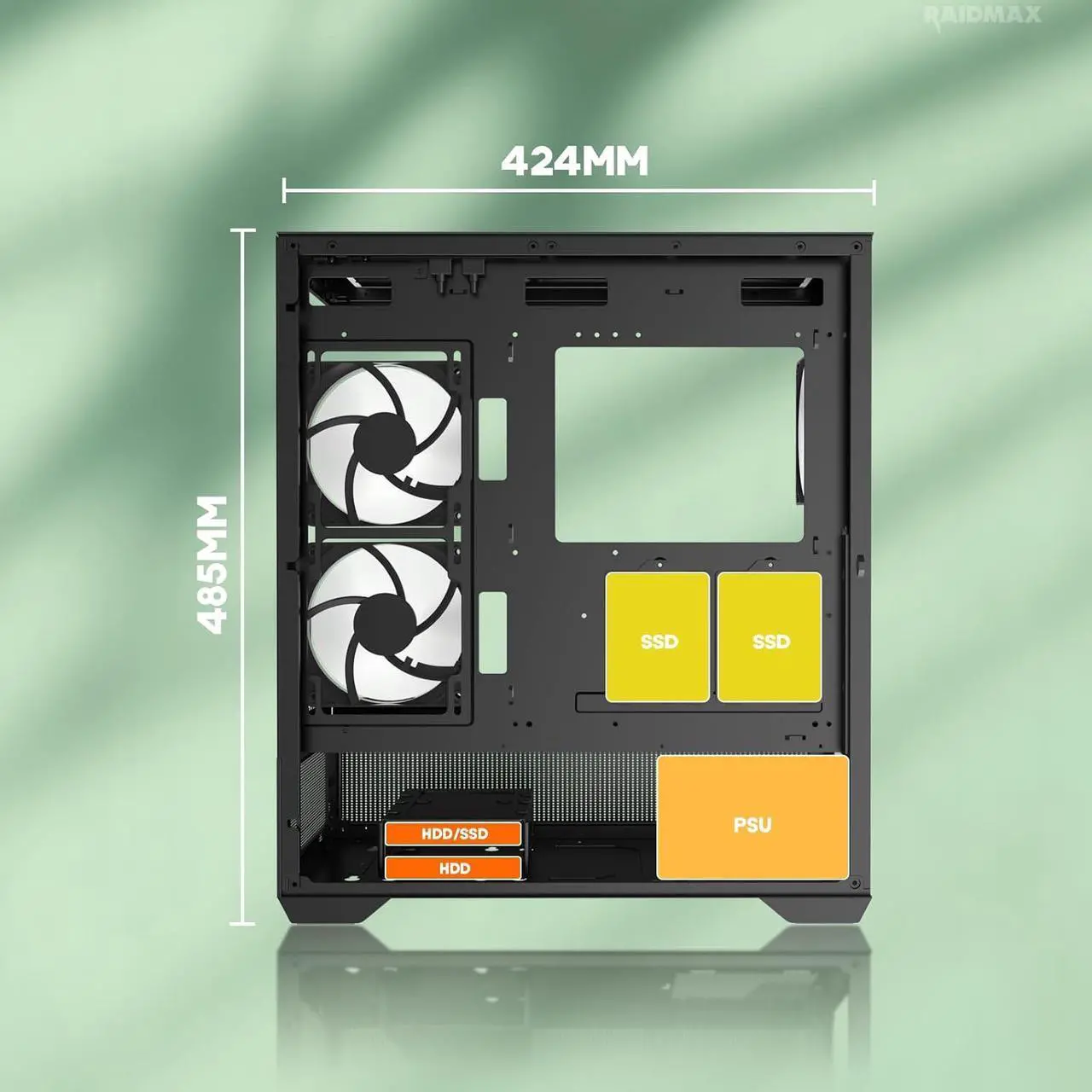 Alt view image 6 of 6 - Raidmax Infinita i801 Tempered Glass Aqua View Case - Corner Structure-Free Panoramic Design, 3 ARGB Fans Included, and Support for 360mm Water Cooler and 400mm GPU (Chrome Black)
