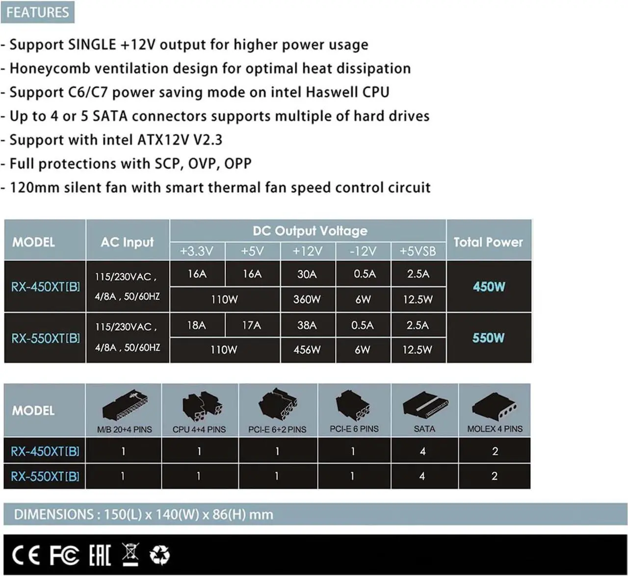 Alt view image 5 of 5 - RAIDMAX XT Series RX-550XT 550 W Power Supply ATX (Brown Box)