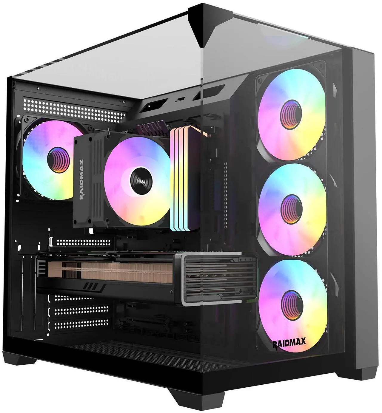 Main image of Raidmax I620 Tri-Glasses Panoramic Gaming PC Case, Dual-Chamber Design, 4 x 120mm ARGB Fans Pre-Installed, Supports 240/360mm Liquid Cooler, Back-Connect Motherboard Compatible