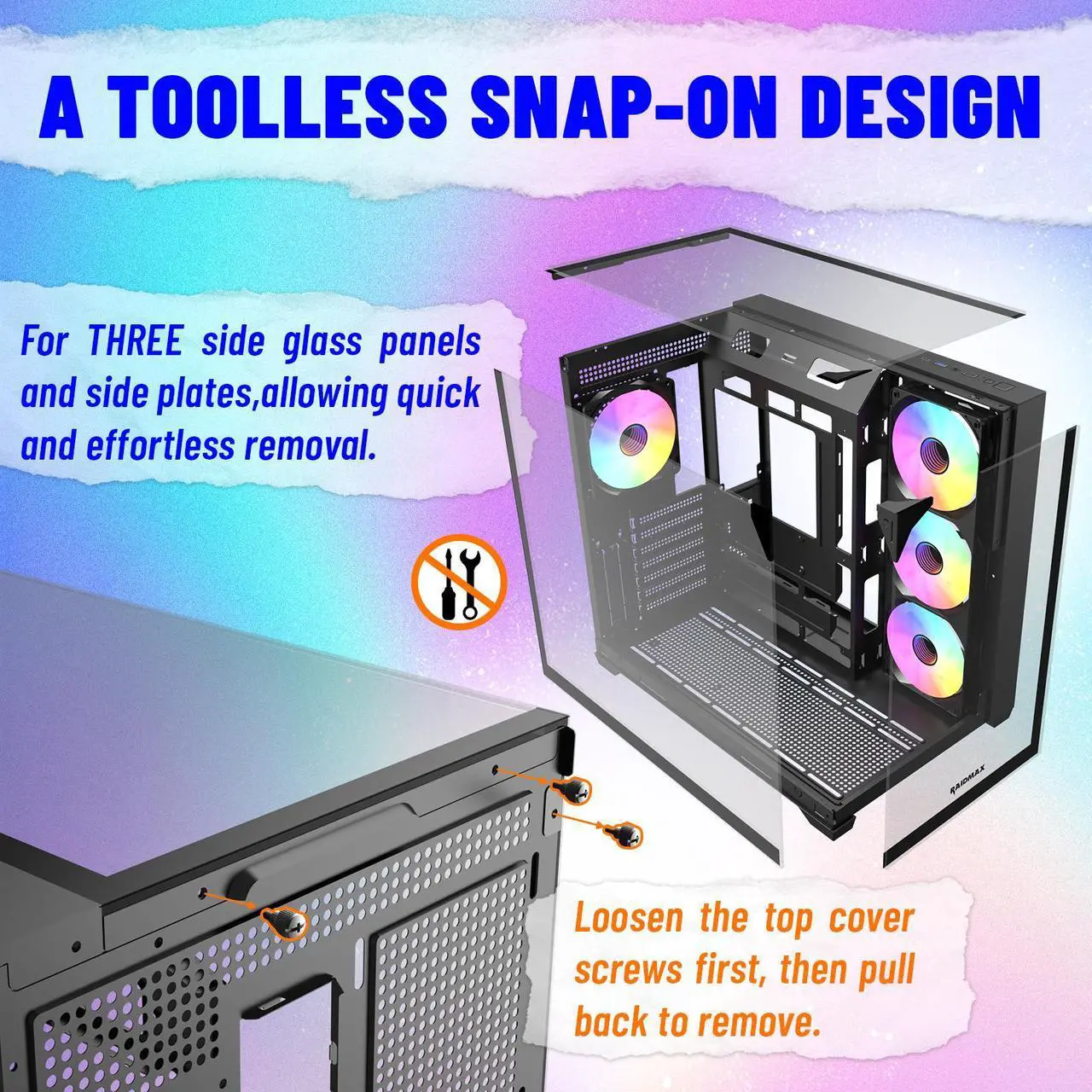Alt view image 3 of 6 - Raidmax I620 Tri-Glasses Panoramic Gaming PC Case, Dual-Chamber Design, 4 x 120mm ARGB Fans Pre-Installed, Supports 240/360mm Liquid Cooler, Back-Connect Motherboard Compatible