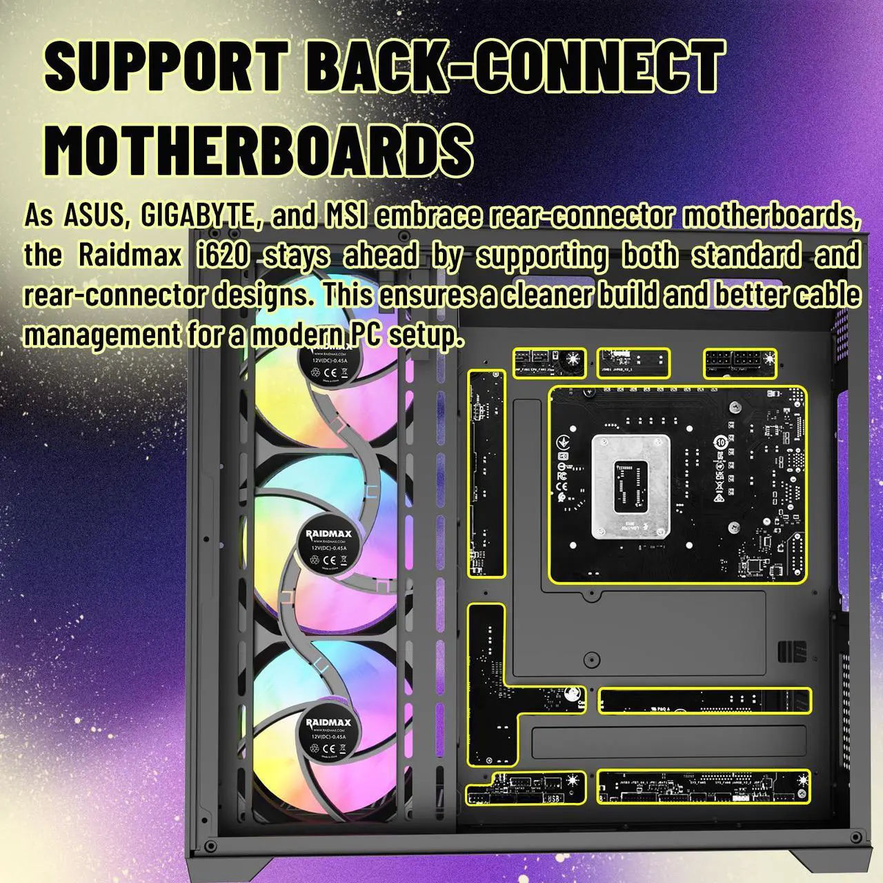 Alt view image 5 of 6 - Raidmax I620 Tri-Glasses Panoramic Gaming PC Case, Dual-Chamber Design, 4 x 120mm ARGB Fans Pre-Installed, Supports 240/360mm Liquid Cooler, Back-Connect Motherboard Compatible